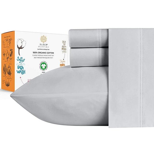 100% Organic Cotton Sheets - Crisp and Cooling Percale Weave, GOTS Certified 4 Piece Bedding Set, Deep Pocket with All-Around Elastic (Queen, Light Grey)