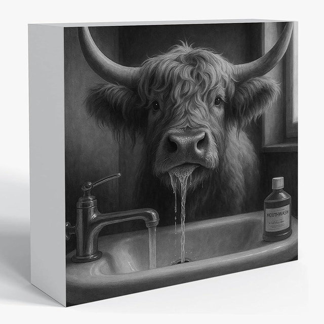 Sahjzk Brushing Teeth Highland Cow Bathroom Sign 5x5 Wooden Box | Funny Bathroom Signs Decor Farmhouse Bathroom Accent Western Restroom Art Cow Picture