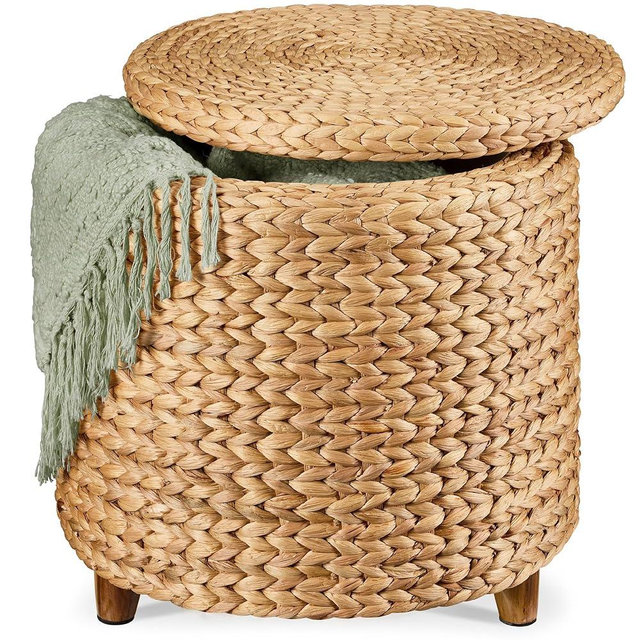 Best Choice Products 17" Round Storage Ottoman W/Lid, Handwoven Water Hyacinth Footstool, Footrest w/Wooden Legs, Accent Side Table, Storage Container, Plant Stand - Natural