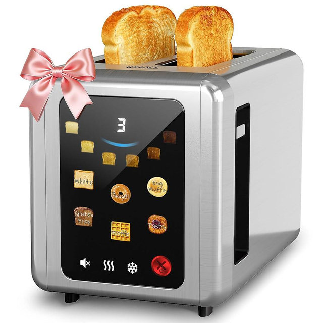WHALL Full Touch Screen Toaster 2 Slice, 1.5'' Extra Wide Slot Smart Toaster with Digital Timer, 6 Bread Types & 6 Shade Settings, Crumb Tray, Reheat/Defrost, Stainless Steel Bread Toasters, Silver