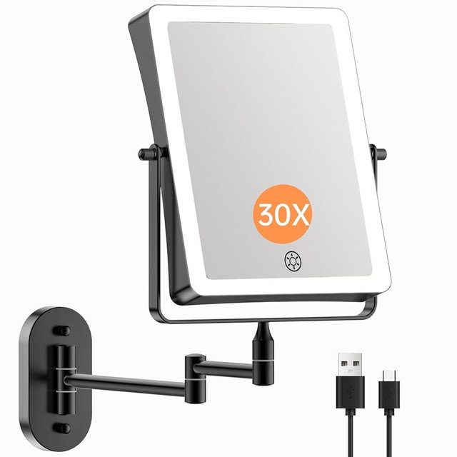 FASCINATE 5000mAh Rechargeable Wall Mounted Makeup Mirror, 8.7" Double Sided Touch Switch 1X 30X Rectangle Magnifying Mirror with Light, 3 Color Setting, Extended Arm 360° Swivel Foldable Black