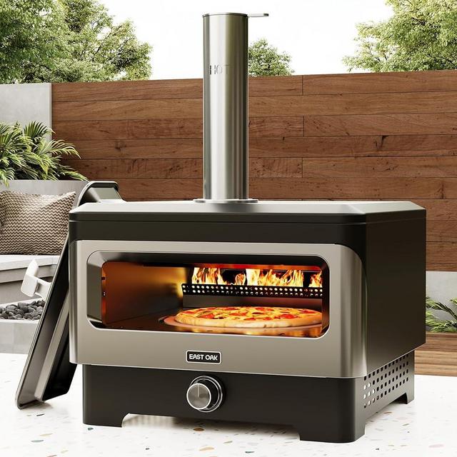 EAST OAK Pizza Oven Outdoor, 12" Wood Pellet Pizza Oven with Rotating Pizza Stone, Stainless Steel Panoramic Opening Countertop Pizza Maker for Outside Cooking, Backyard, BBQ