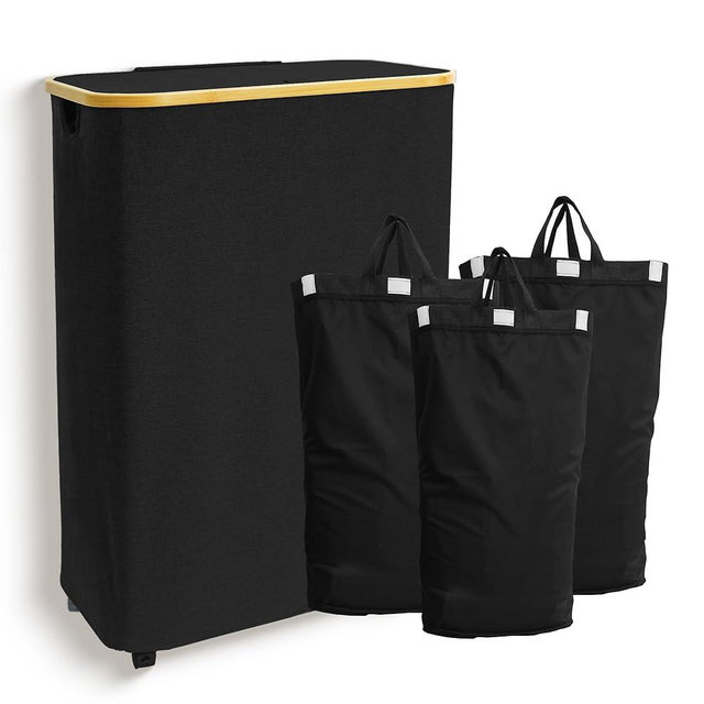 Quibbay 160L Laundry Hamper with Lid, Laundry Basket with Wheels, Clothes Hamper with Bamboo Handles and 3 Removable Inner Bags, Rolling Laundry Basket for Bedroo Bathroom Laundry Room Dorm, Black
