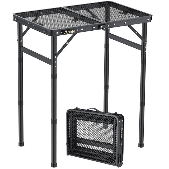 Anbte Folding Grill Table, Aluminum Camping Table Adjustable Height Max 27.5" Picnic Table Outdoor Table, Lightweight, Portable Handle for Travel Cooking BBQ Picnic, 22.8" x 16", Black