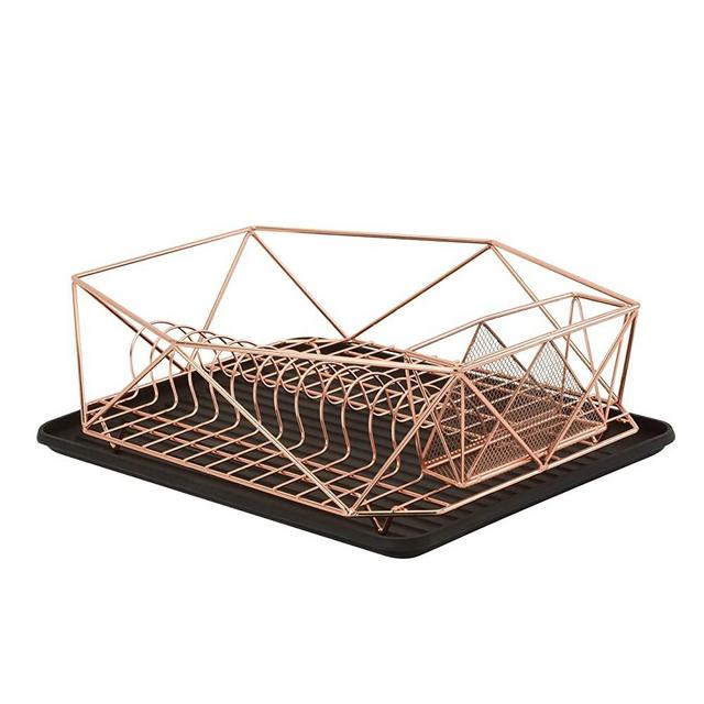 Kitchen Details Geode Deluxe Dish Drying Rack with Drain Board, Cutlery Basket, Iron Frame, Copper