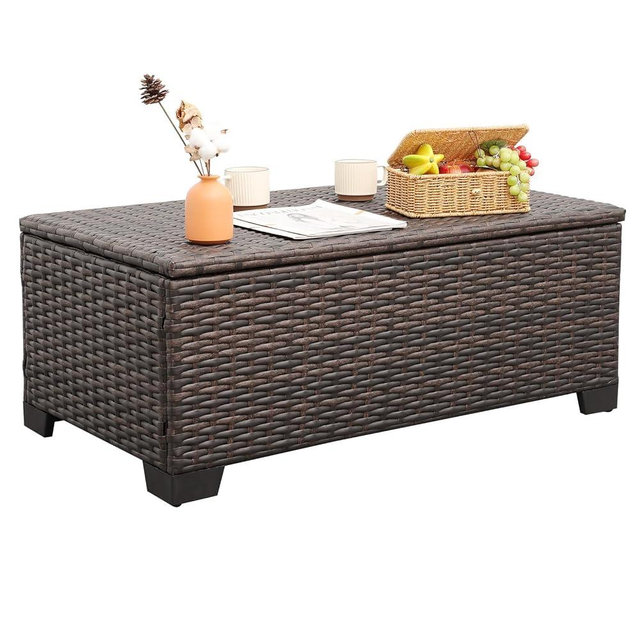 Rattaner Outdoor Table Patio Furniture All-Weather Patio Table Wicker Coffee Table with Storage and Furniture Cover, Dark Brown