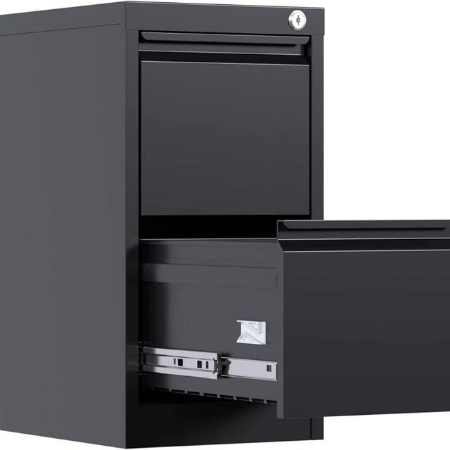 GangMei 2 Drawer Metal Vertical File Cabinet with Lock, Narrow Filing Cabinet with Hanging Letter/Legal/A4 Folders for Home, Office, Assembly Required, Black, 2 Drawers