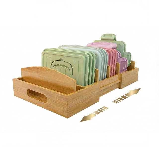 Greenwhisper Lid Organizer for Cabinet – Bamboo Kitchen Storage for Plastic Lids, Adjustable Drawer Dividers, Food Container Organizer (Fits Cabinets & Drawers) (Large)