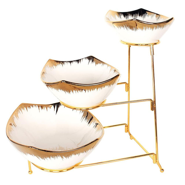 jinsongdafa 3-Tier Serving Rack Ceramic Bowls, Foldable Gold Stand with 7.1"/8.5"/10.2" Gold Rim Bowls, for Food Display, Fruit, Dessert, Decoration for Parties Entertaining
