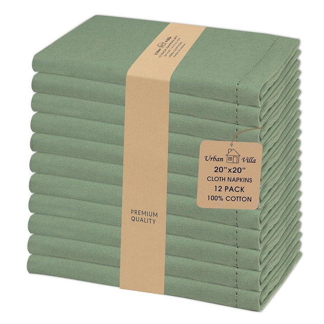 Urban Villa Cloth Napkins Sage Hemstitch Dinner Napkins Set of 12 20X20 100% Cotton Absorbent Washable Durable Reusable Cloth Napkins Ideal for Farmhouse Party Thanksgiving Harvest Fall Dinner Napkins