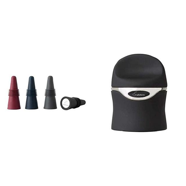 Rabbit Wine and Beverage Bottle Stoppers with Grip Top (Assorted Colors, Set of 4) & Champagne and Wine Sealer (Velvet Black)