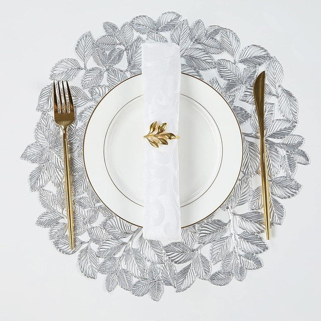 Crisjanggo Silver Placemats Set of 6 Round Leaf Placemats Non-Slip Wipeable Table Mats for Dinner,Party,Home Decoration Wedding Accent Centerpiece