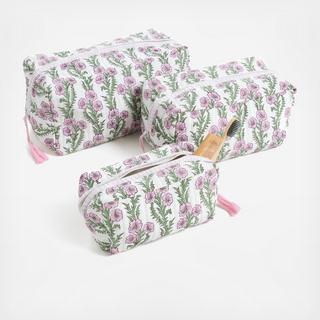 Forget-Me-Not 3-Piece Blockprint Makeup Bag Set