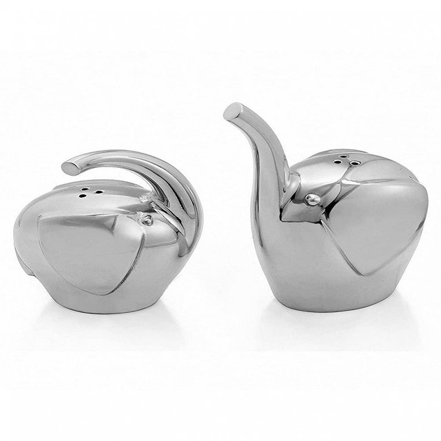 Nambe - Savana Collection - Elephant Salt & Pepper Shakers - Measures at 3" x 3" x 3.5" - Made with Nambe Alloy - Designed by Neil Cohen