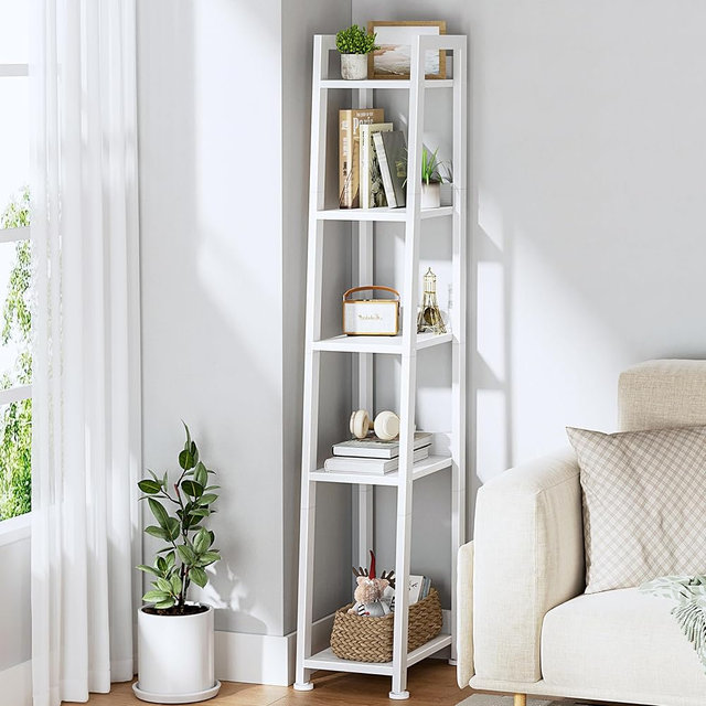 KLUVIS Narrow Ladder Shelf for Small Spaces - 5 Tier Thin Bookshelf Skinny Book Shelves Slim Bookshelves 60 inch Tall, White (02W)