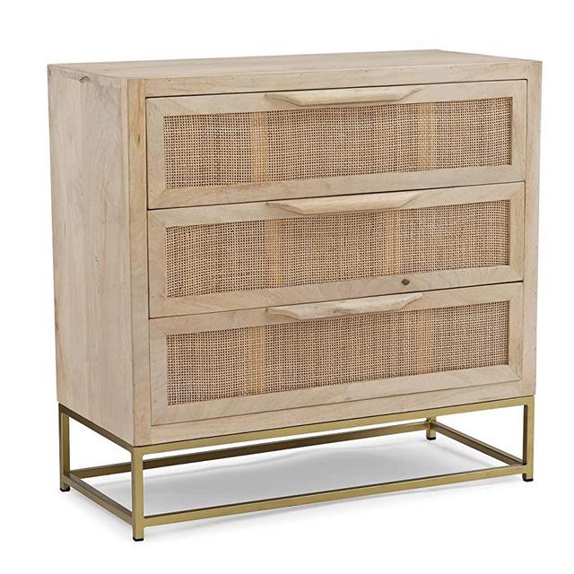 Powell Natural Rattan and Gold Base 3 Drawer Danika Cabinet, Three
