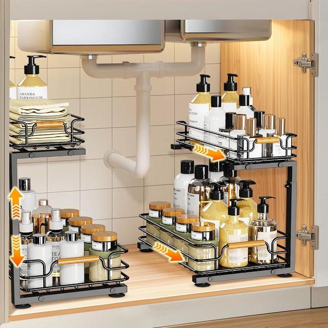 JYPS Under Sink Organizer, 2 Tier Pull out Under Kitchen Bathroom Sink Organizer and Storage, Metal Sliding Drawer for Cabinet Pantry Undersink Organizers Shelf (Black, 2 Pack)