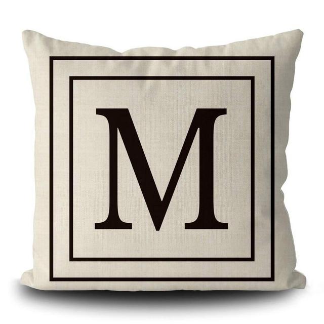 Burlap Pillow Cover with Black Letter Monogram M and Stripes English Alphabet Initial Decorative Square Linen Throw Cushion Case for Bed Sofa Couch 18 X 18 Inch Pillowcase, Double Sided Print