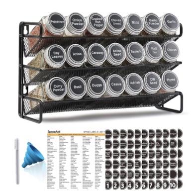 SpaceAid Spice Rack Organizer with 28 Spice Jars, 386 Spice Labels, Chalk Marker and Funnel Set for Cabinet, Countertop, Pantry, Cupboard or Door & Wall Mount - 28 Jars, 13.4" W × 10.8" H, Black