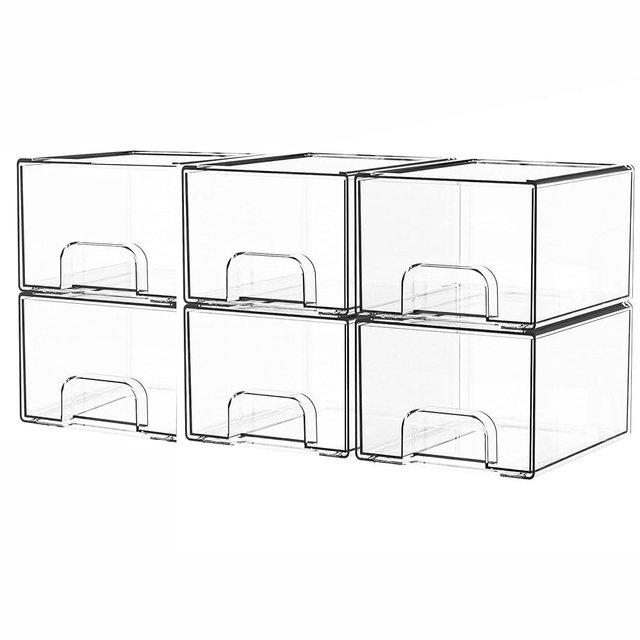 Yieach 6 Pack Clear Stackable Storage Drawers,4.4Inch Tall Acrylic Drawers Storage Boxes,Bathroom Organization and Storage,Plastic Makeup,Medicine Organizer,Storage Bins for Cabinet,Shelves,Undersink