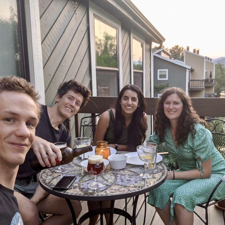Enjoying happy hour on our balcony in Boulder, CO with Stijn and Julia!