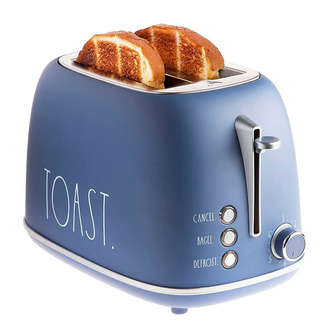 Rae Dunn Retro Rounded Bread Toaster, 2 Slice Stainless Steel Toaster with Removable Crumb Tray, Wide Slot with 6 Browning Levels, Bagel, Defrost and Cancel Options (Navy)