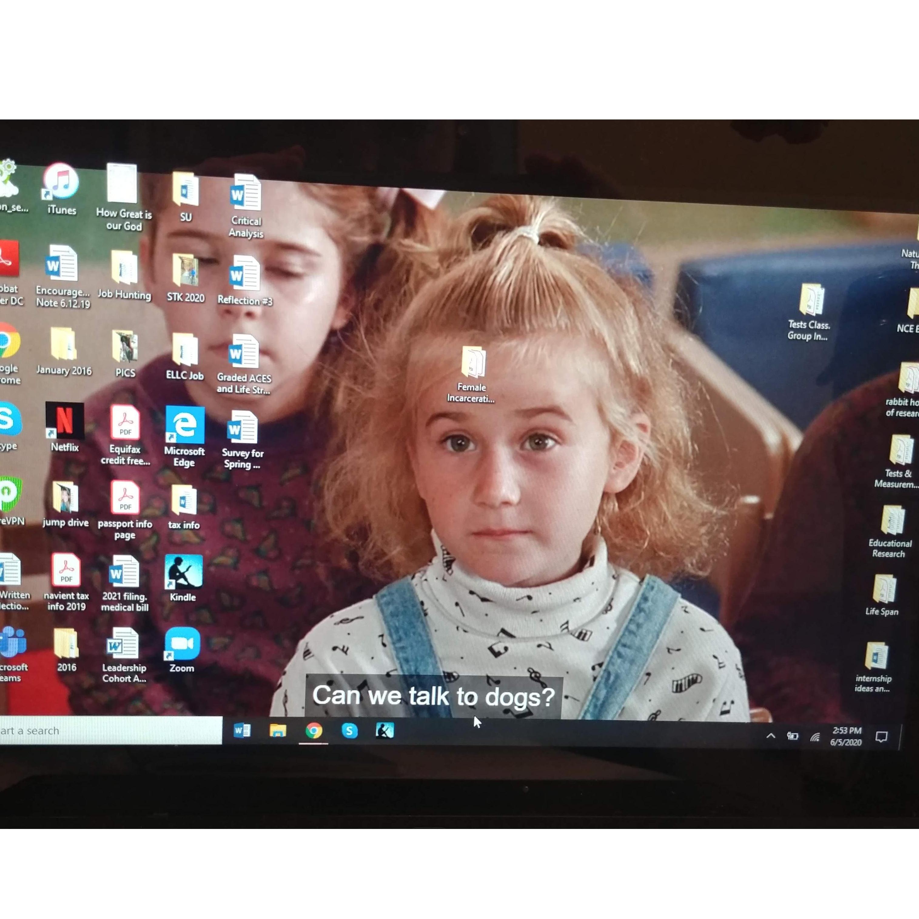 It's from Kindergarten Cop. We set it as Lizzy's desktop background for a while. The kids are getting a training about not talking to strangers. This girl asks if they can talk to dogs. So Lizzy.