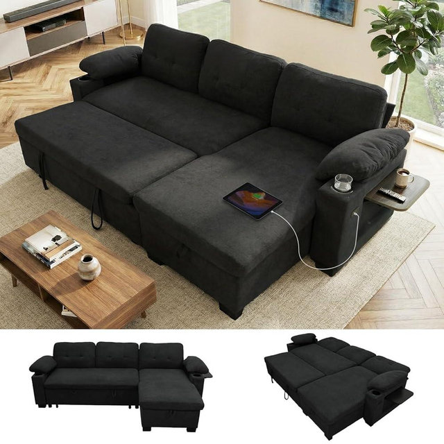 KCGKCG 93" L Shaped Sleeper Sofa Bed, Pull Out Sectional Couch with Storage Chaise/Reclining Backrest, Sectional Couches for Living Room with USB Port, Foldable Table, Cup Holder, Side Pocket, Black