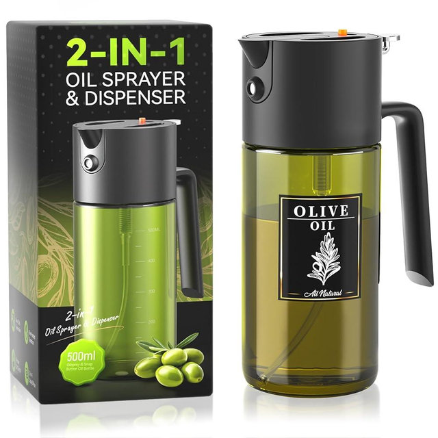 2-IN-1 500ml/17oz Light-Blocking Dark Oil Sprayer for Cooking with Sticker, Dark Green Glass Olive Oil Dispenser Bottle for Kitchen, Even Spray with Portion Control, Perfect for Air Fryer, BBQ - Black