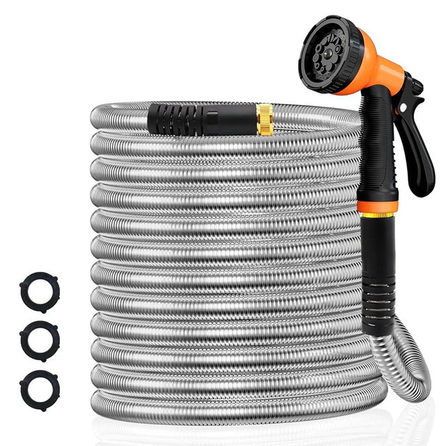 Besiter Garden Hose 50FT Stainless Steel Water Hose with 10 Functions Adjustable Spray Nozzle, Heavy-Duty Metal Garden Hose Flexible Durable No-Tangle & Kink Leak Dog Proof Hose for Yard Lawn(Orange)