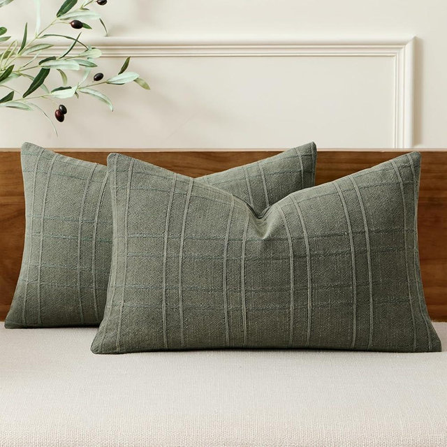 MIULEE Decorative Linen Check Lumar Throw Pillow Covers Neutral Farmhouse Vintage Spring Pillow Covers 12x20 Set of 2 Boho Modern Home Decor for Sofa Couch Bedroom Cushion Olive Green