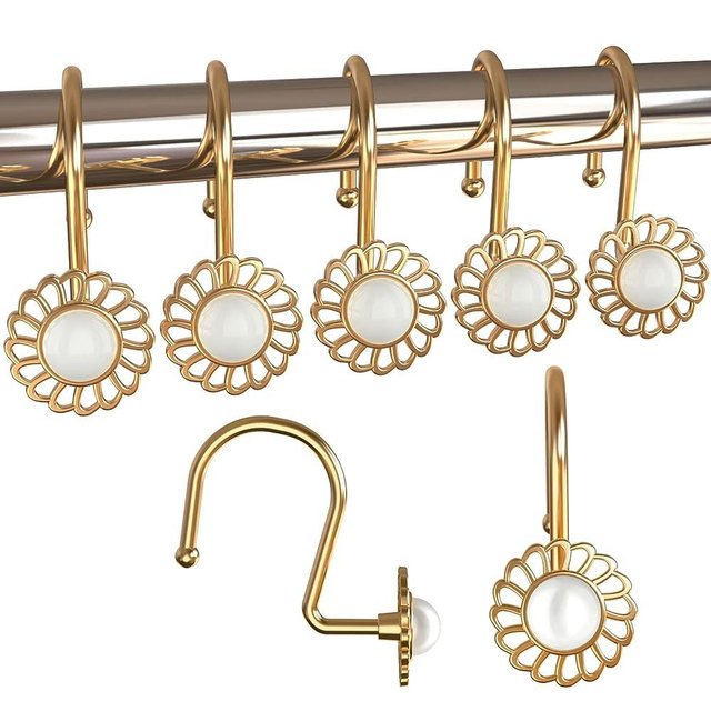 Lewondr Shower Curtain Hooks, Set of 12 Heavy Duty Metal Decorative Shower Curtain Rings Vintage Rustproof Curtain Hooks Hangers for Bathroom Shower Rods, Flower Pearl, Brass Gold