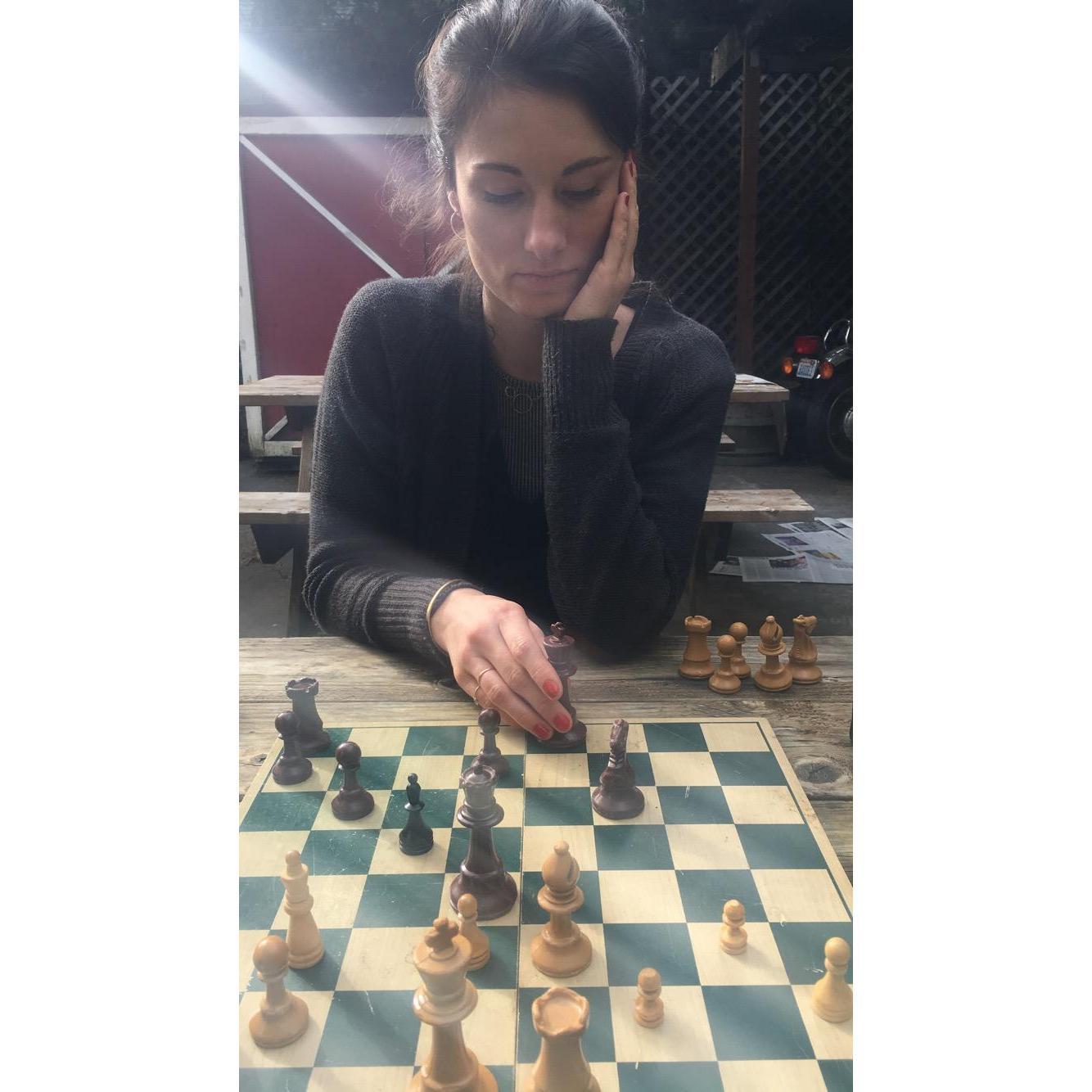 Sophie sometimes plays chess with Grant. Here we see her playing Kd8 to avoid the discovered attack when the e3 bishop moves.