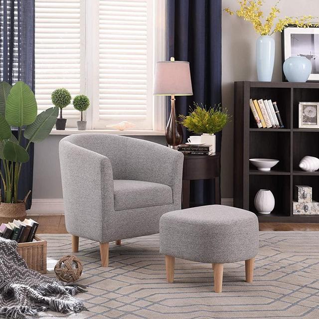 DAZONE Modern Accent Chair Upholstered Comfy Arm Chair Linen Fabric Single Sofa Chair with Ottoman Foot Rest Grey