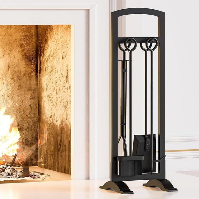 Kingson 5 Pieces Fireplace Tools Set Black Fire Tools Set and Holder Outdoor Fire Pit Sets Indoor Tongs Brush Shovel Poker Wood Stove Accessories Kit