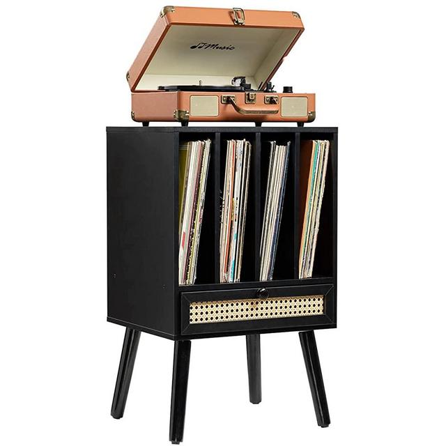 FORAOFUR Record Player Stand, Black Turntable Stand with Record Storage Up to 100 Albums, Vinyl Record Stand with a Rattan Drawer for Living Room, Bedroom & Office, Record Player Table with Wood Legs