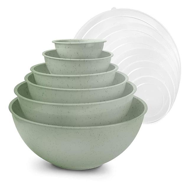 Cook with Color Mixing Bowls with Lids - 12 Piece Plastic Nesting Bowls Set includes 6 Prep Bowls and 6 Lids, Microwave Safe Mixing Bowl Set (Speckled Mint)