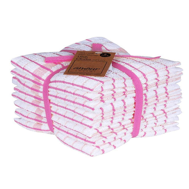 AMOUR INFINI Kitchen Dish Cloths Set of 8 - Ultra Soft, Highly Absorbent, Quick-Drying Terry Cotton Dishcloths 12"x12" Inch Wash & Cleaning Cloths for Kitchen & Dishwashing (Pink)