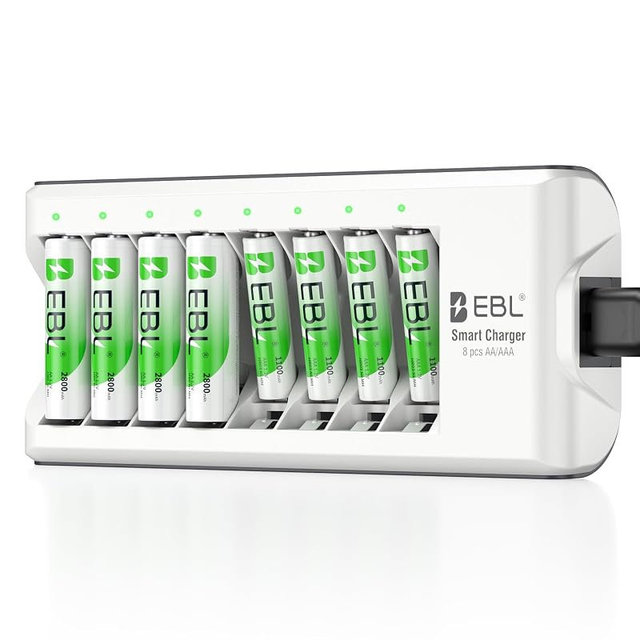 EBL Rechargeable Batteries with Charger, 1.2V NiMH AA Batteries 2800mAh 4Counts & AAA Batteries 1100mAh 4Counts with 8-Bay Smart Battery Charger