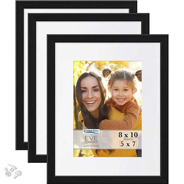 Icona Bay 8x10 Picture Frames w/Removable Mat to 5x7 (Black, 3 Pack), Modern Double-Beveled Frame, Tabletop or Wall Mount, Eve Collection