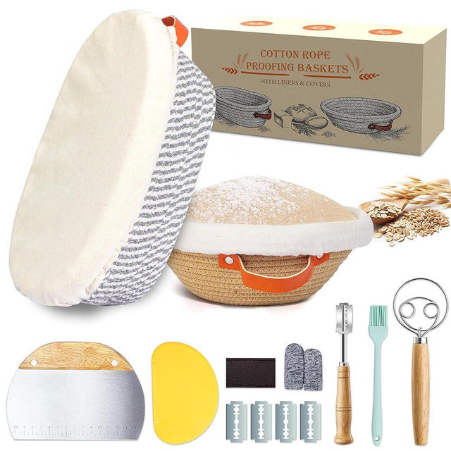 Banneton Bread Proofing Basket – 9" Round & 10" Oval Sourdough Starter Kit, Handmade Cotton Rope Sourdough Proofing Basket with Liner & Cover，Bread Making Tools (1 Round 1 Oval Gift Set)
