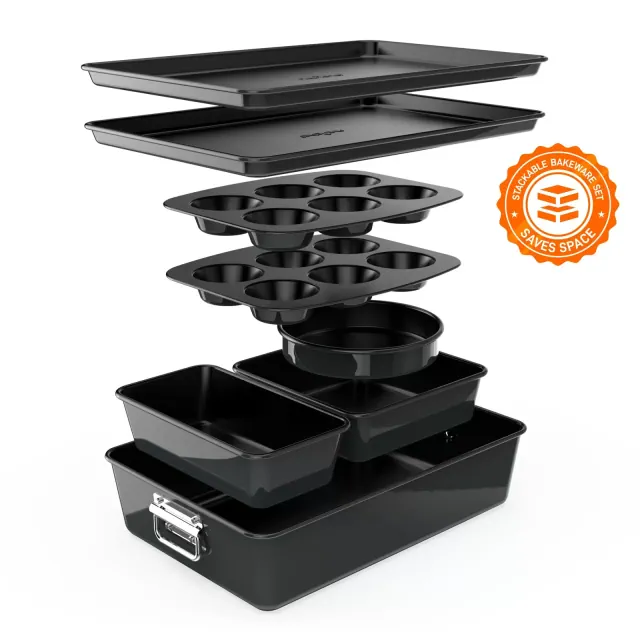 NutriChef 8-Piece Nonstick Stackable Bakeware Set - PFOA, PFOS, PTFE Free Baking Tray Set, 450°F Oven Safe, Round Cake, Loaf, Muffin, Wide/Square Pans