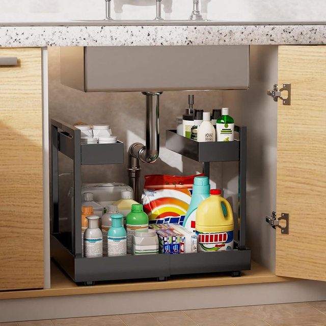 NEWMATIC Adjustable Under Sink Organizer Pull Out Drawers, 2-Tier Slide Out Cabinet Storage Shelf for Kitchen Sink, Height & Width Extendable Black, 15''D x 13''-20.5''W x 15''H(1Pack)