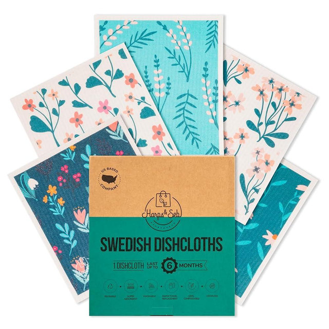 Harps&Seb Swedish Dishcloths for Kitchen Dish Towels - 5 Pack, Non-Scratch Reusable Paper Towels, Super Absorbent Washable Swedish Dish Cloths, No Odor, Biodegradable, Flower Designs
