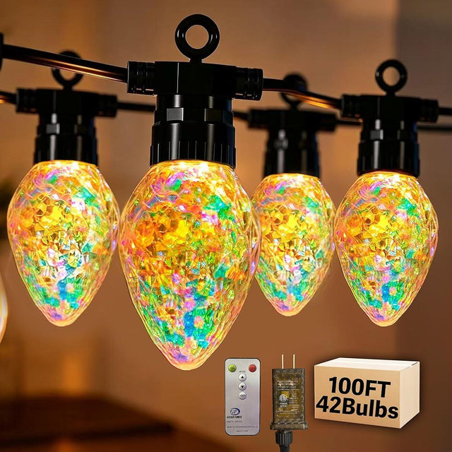 BYIZO Outdoor String Lights, 100FT 42 LED Iridescent Holographic Bulbs, Waterproof Patio Lights with Remote Control, Shatterproof Connectable Lights for Backyard, Porch, Garden, and Party