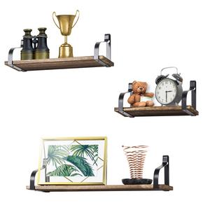 Love-KANKEI Floating Shelves Wall Mounted Set of 3, Rustic Wood Wall Storage Shelves for Bedroom, Living Room, Bathroom, Kitchen, Office and More Carbonized Black