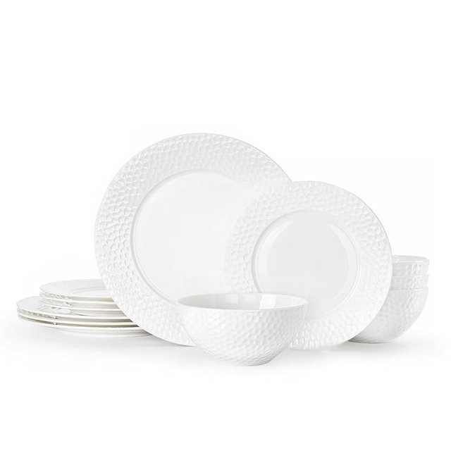 KINGSTONE Bone China Dinnerware Set, 12-Piece White Porcelain Tableware for 4, Hammered Rim Plates and Bowls, Microwave and Dishwasher Safe, Elegant Dish Set for Wedding, Family & Restaurant
