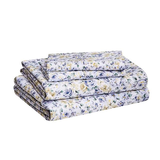 AmazonBasics Lightweight Super Soft Easy Care Microfiber Bed Sheet Set with 16" Deep Pockets - King, Blue Floral