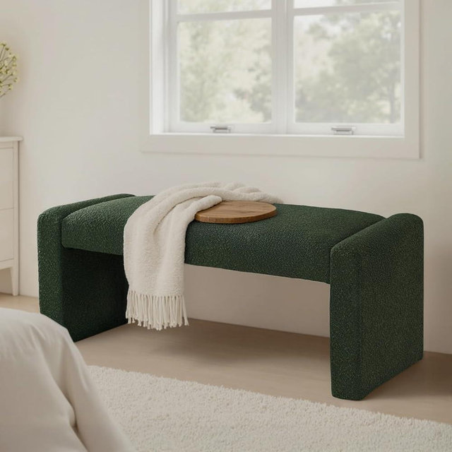 SIMTONAL 47" End of Bed Bench, Modern Fabric Upholstered Entryway Bench, Footrest Stool Accent Bench with Solid Wood Frame for Bedroom Living Room, Green