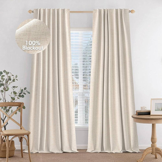 MIULEE 100% Blackout Curtains 96 inches Long Linen Curtains & Drapes for Bedroom Back Tab Room Darkening Full Black Out Window Curtain Panels Rod Pocket, Natural Beige, 2 Panels Set